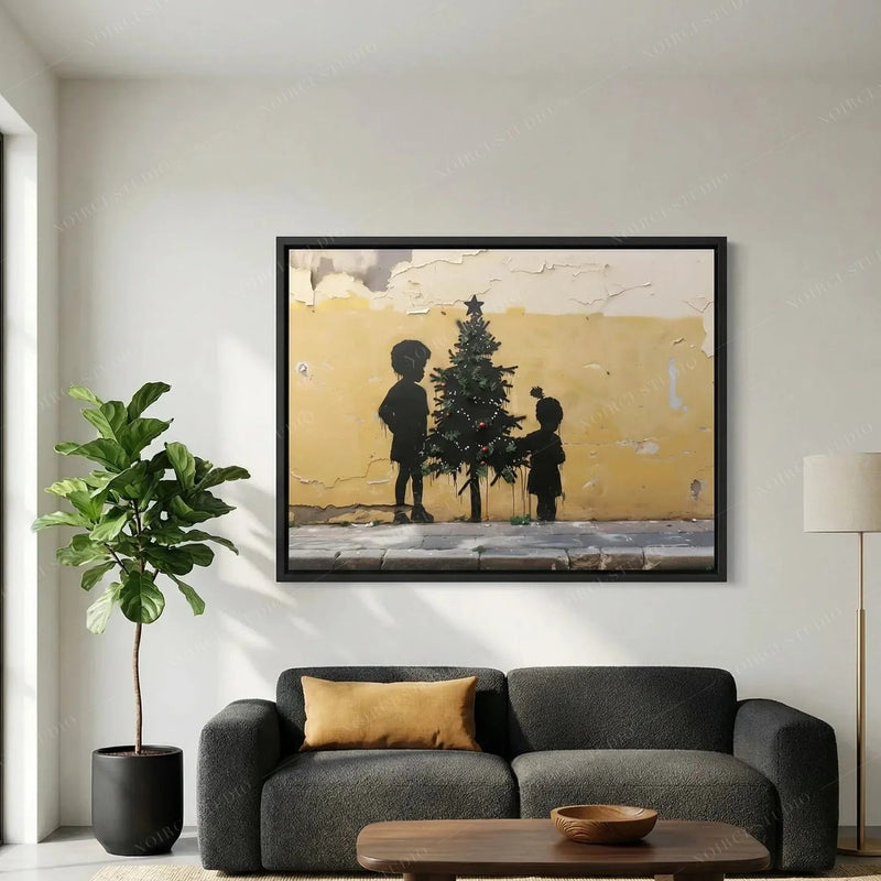 Modern African American art, street-art Christmas scene above a charcoal sectional with a fiddle leaf fig