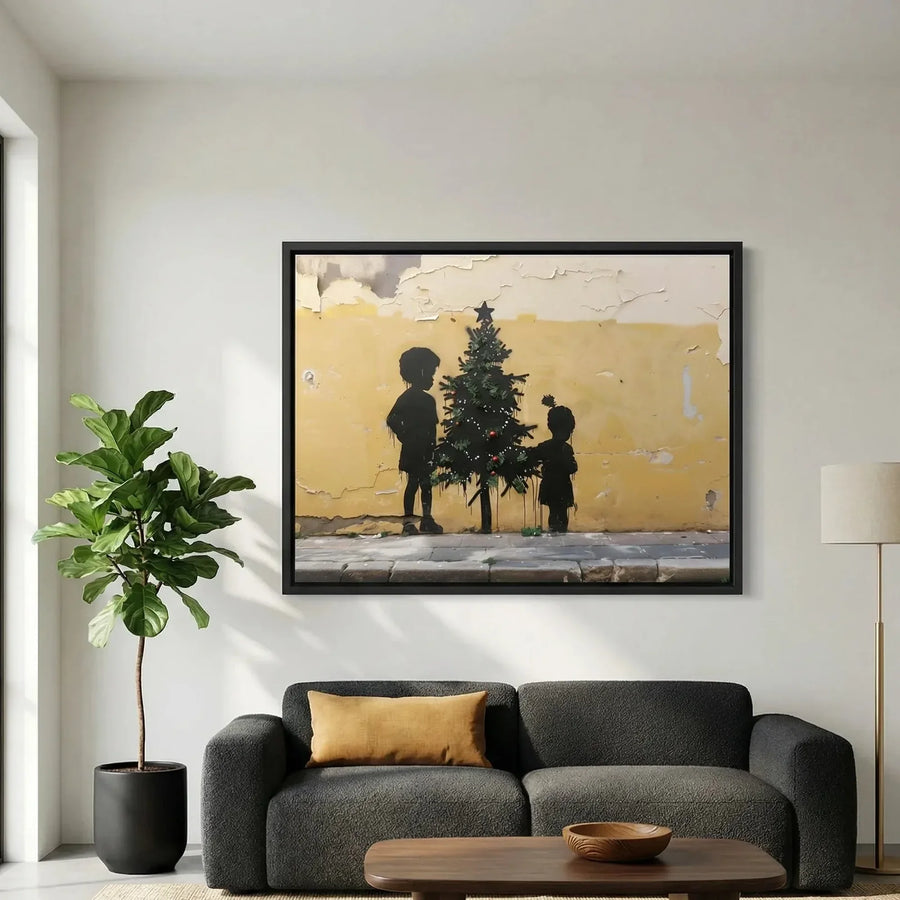 Modern African American art, street-art Christmas scene above a charcoal sectional with a fiddle leaf fig