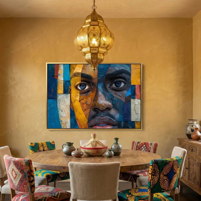 African American dining room art, mosaic portrait above a round wood table with kilim chairs and a brass lantern