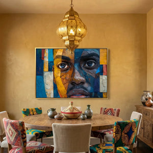 African American dining room art, mosaic portrait above a round wood table with kilim chairs and a brass lantern