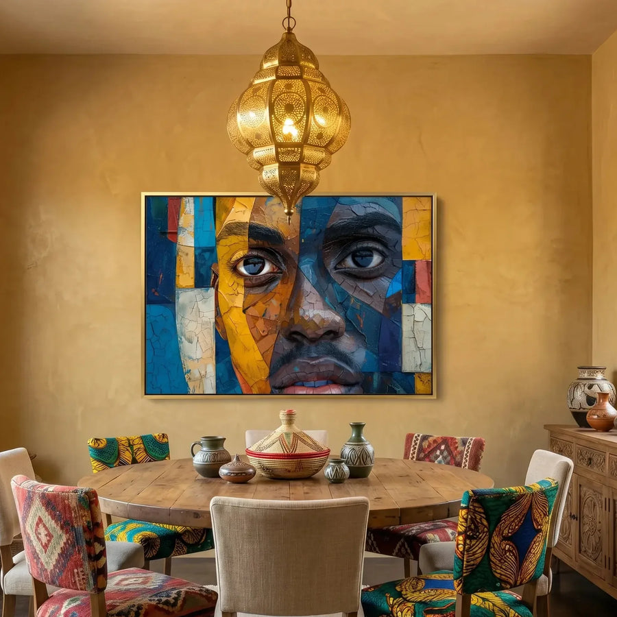 African American dining room art, mosaic portrait above a round wood table with kilim chairs and a brass lantern