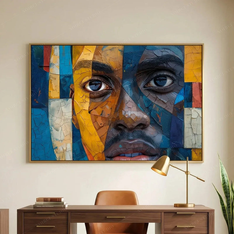 African American art for a home office, mosaic portrait in a gold frame above a walnut desk and cognac chair