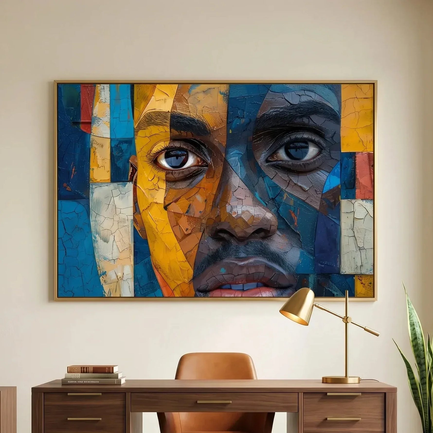 African American art for a home office, mosaic portrait in a gold frame above a walnut desk and cognac chair