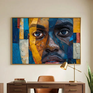 African American art for a home office, mosaic portrait in a gold frame above a walnut desk and cognac chair