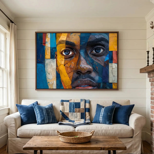 Abstract Black man portrait canvas above a beige sofa with indigo pillows on shiplap, mosaic face in blue and gold