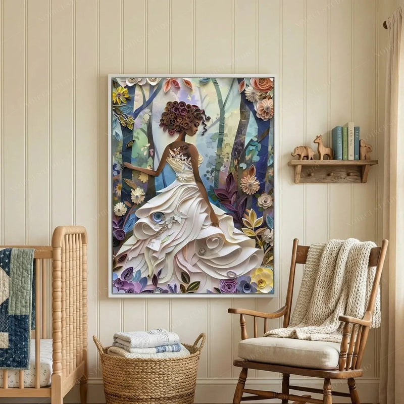 Vintage farmhouse nursery scene, quilled Black girl art hung beside a crib with a rocker and basket of towels