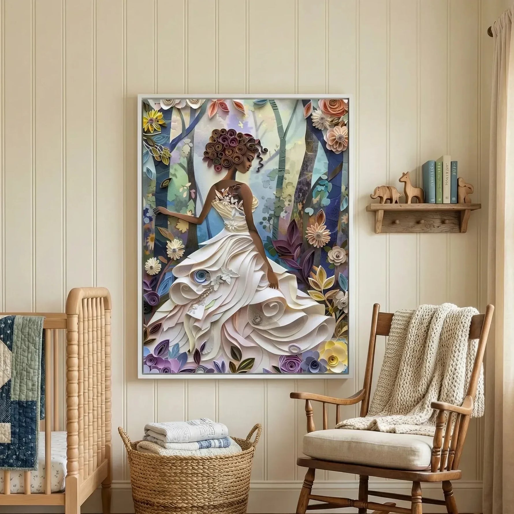 Vintage farmhouse nursery scene, quilled Black girl art hung beside a crib with a rocker and basket of towels
