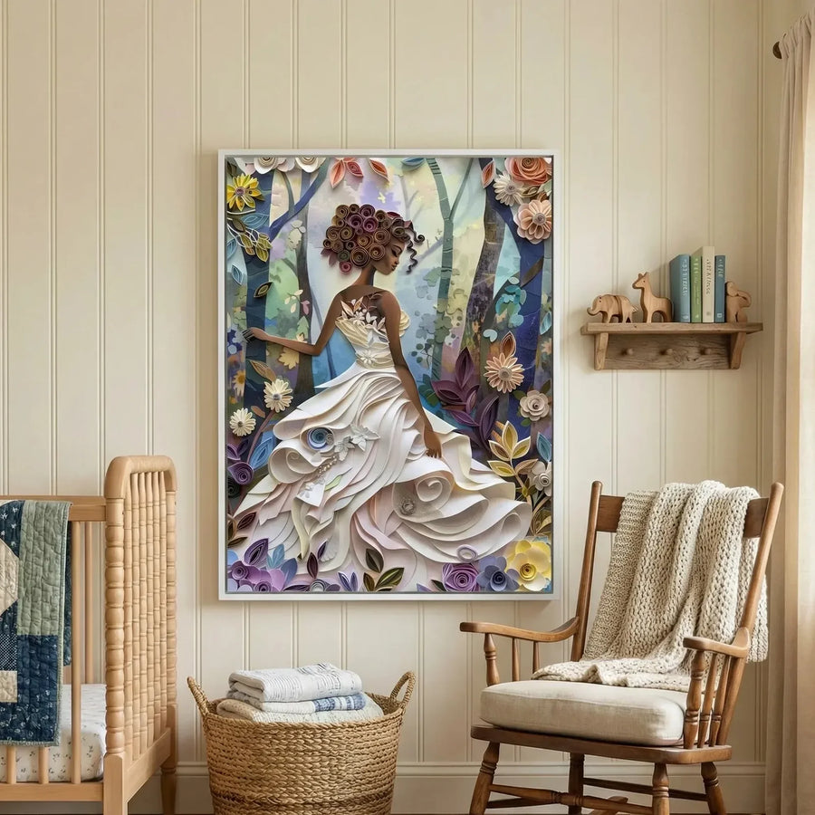 Vintage farmhouse nursery scene, quilled Black girl art hung beside a crib with a rocker and basket of towels