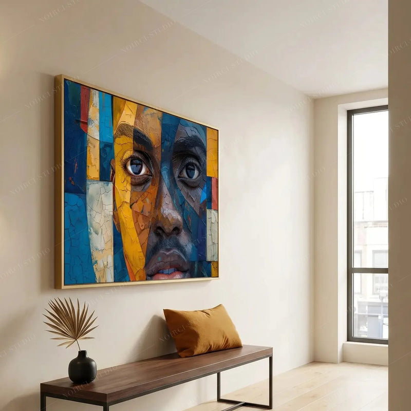 Black entryway art, mosaic man portrait in a gold frame above a bench with an ochre pillow by a tall window