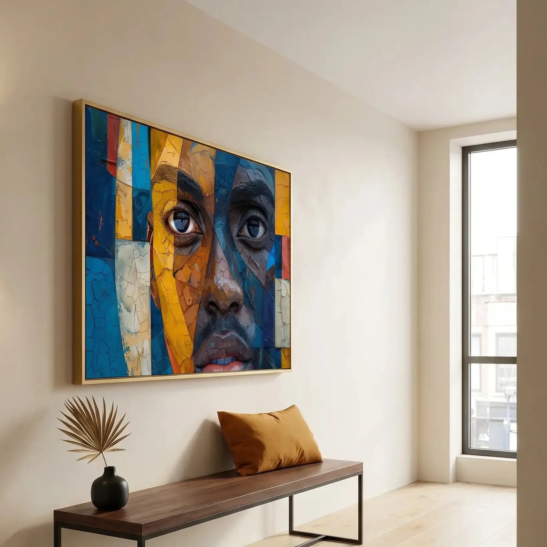 Black entryway art, mosaic man portrait in a gold frame above a bench with an ochre pillow by a tall window
