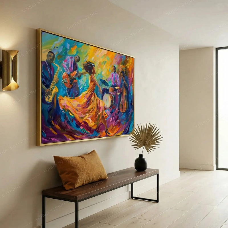 Modern Black art for an entryway, gold-framed jazz dance painting above a walnut bench with a mustard pillow
