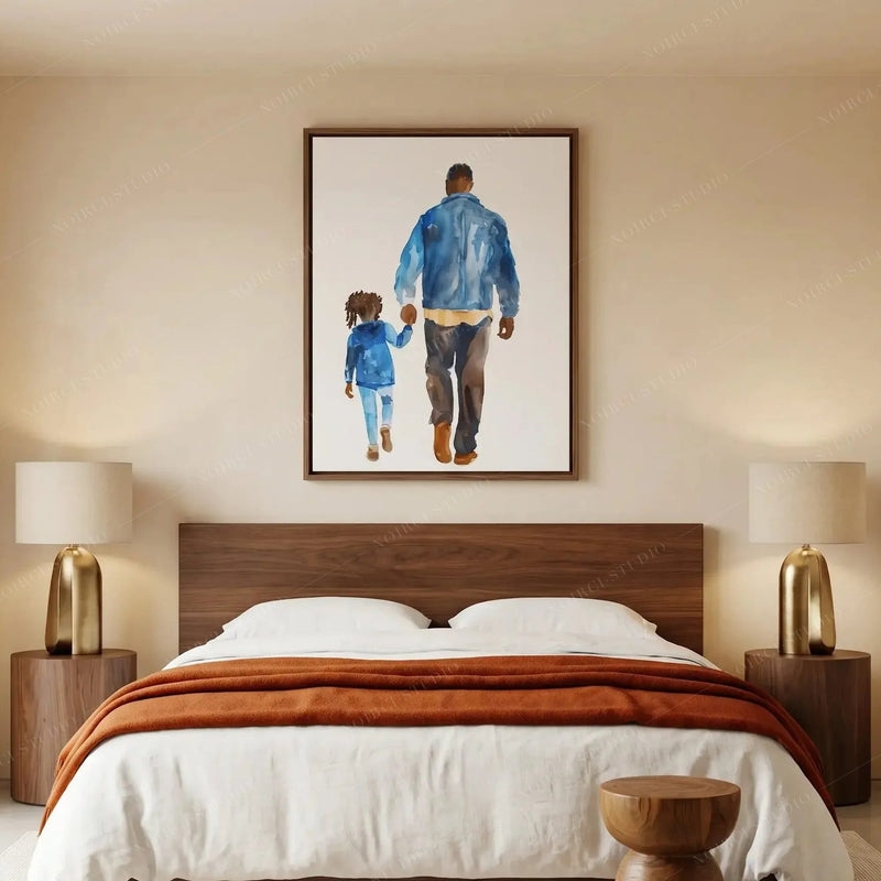 African American art for the bedroom, framed watercolor above a walnut bed dressed with a burnt orange blanket