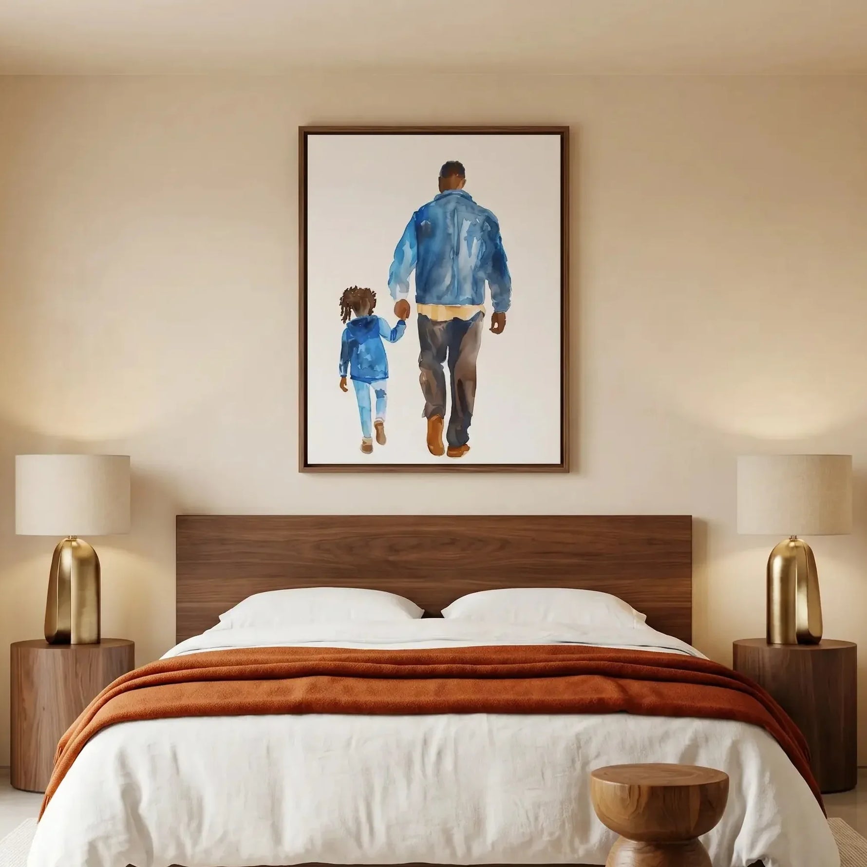 African American art for the bedroom, framed watercolor above a walnut bed dressed with a burnt orange blanket