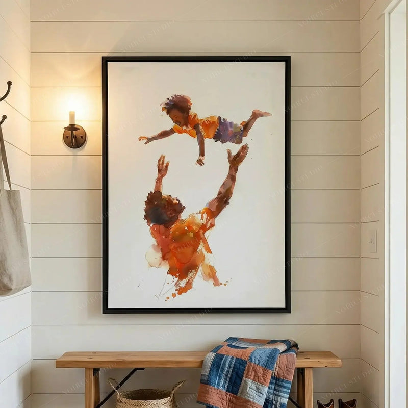 Watercolor of a father catching his son in a shiplap entryway, hung above a wood bench with a folded quilt