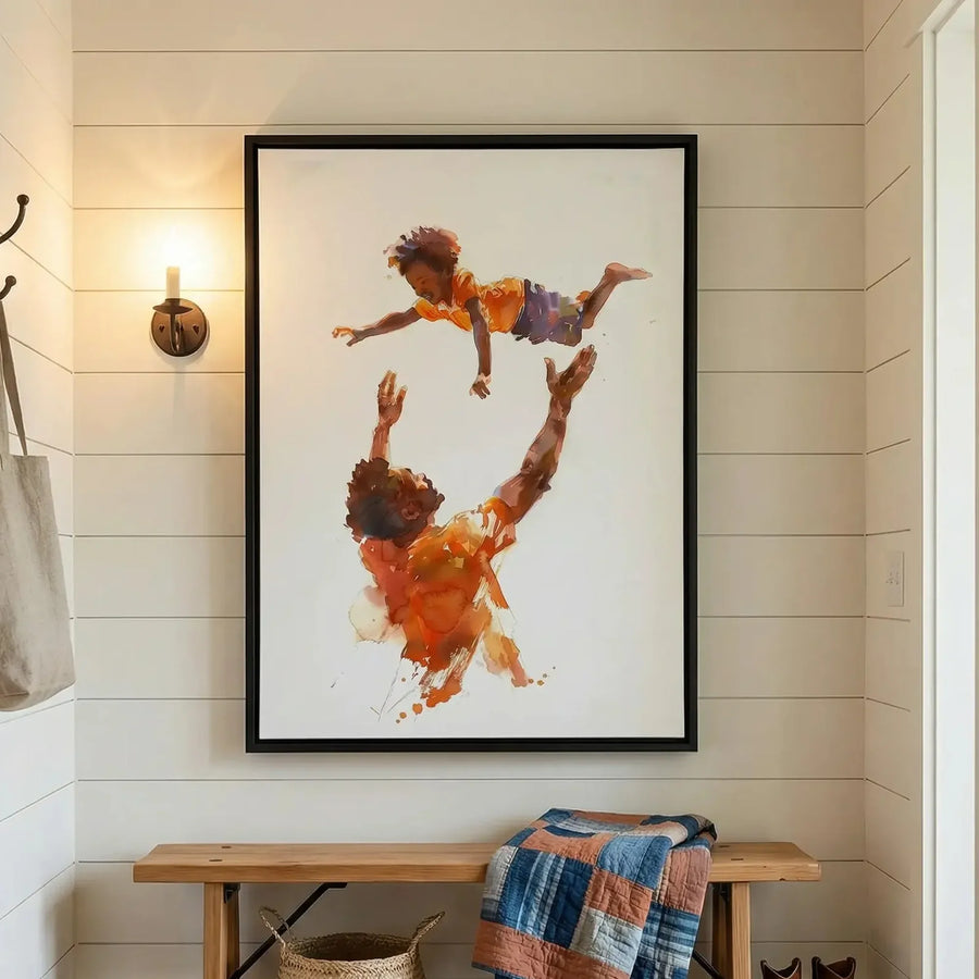 Watercolor of a father catching his son in a shiplap entryway, hung above a wood bench with a folded quilt