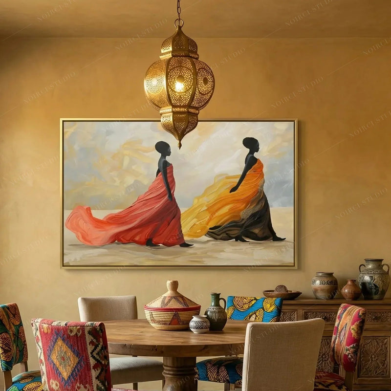 African American dining room art, two women in sunset gowns beneath a pierced brass lantern in a mustard dining room