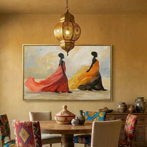 African American dining room art, two women in sunset gowns beneath a pierced brass lantern in a mustard dining room