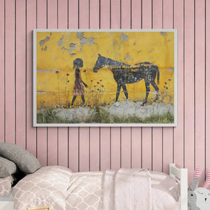 Black art for kids' rooms, girl and horse print in a pink shiplap bedroom above ruffled pastel bedding