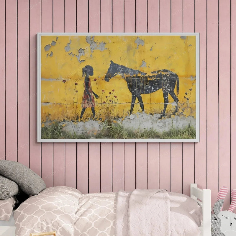 Black art for kids' rooms, girl and horse print in a pink shiplap bedroom above ruffled pastel bedding