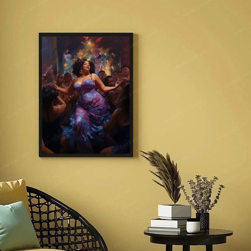 Black art for living room, dance painting in a black frame on a mustard wall above a rattan chair