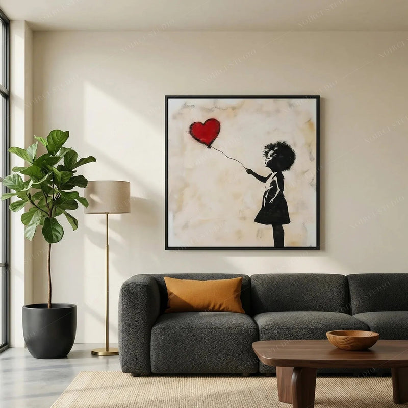 Black art for living room, balloon girl stencil above a charcoal sofa with a rust pillow and fiddle leaf fig