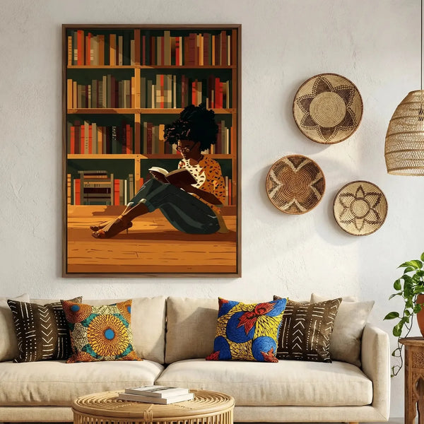 Black girl reading art above a beige sofa with mudcloth pillows and woven wall baskets, girl reading in a library