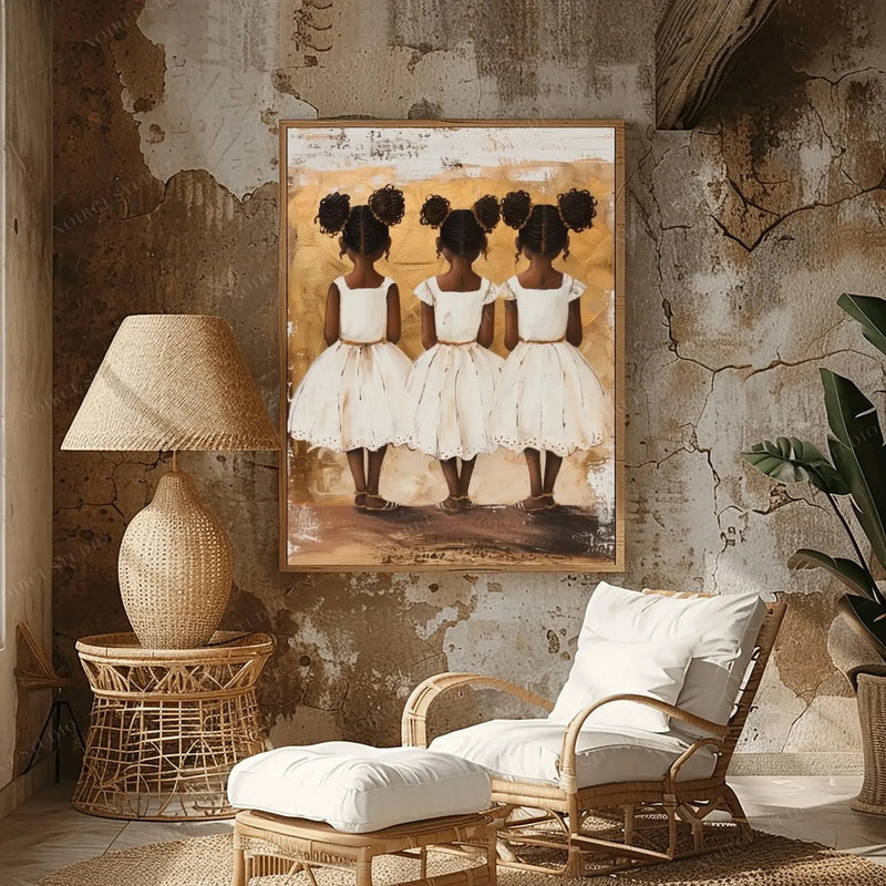 Afro bohemian room with a rattan lounge chair and burlap lamp, framed painting of three sisters in white dresses