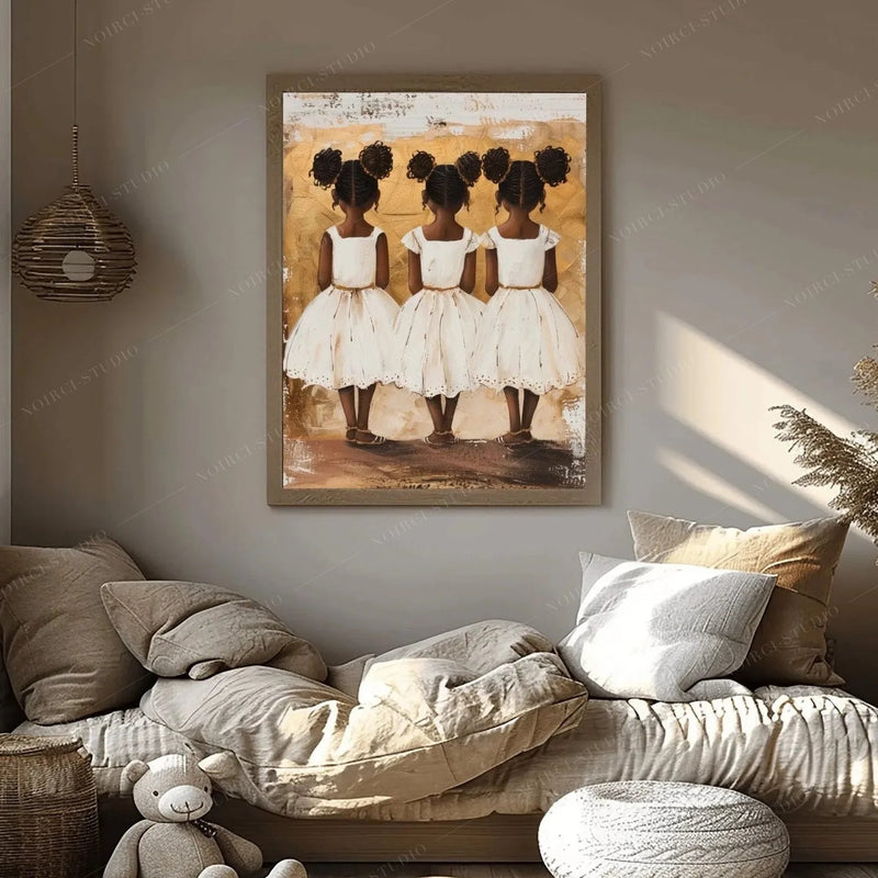 Black girl magic bedroom decor, three sisters art in a wood frame above a pillowed daybed with a rattan pendant