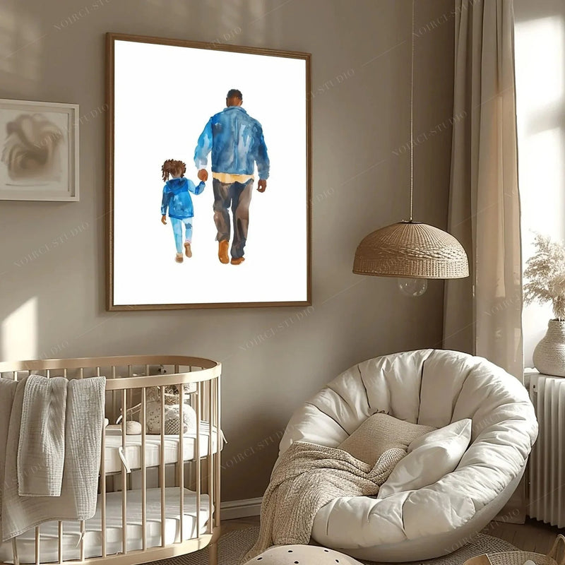 Black art for nursery walls, father and daughter watercolor in an oak frame above a round crib and boucle lounger