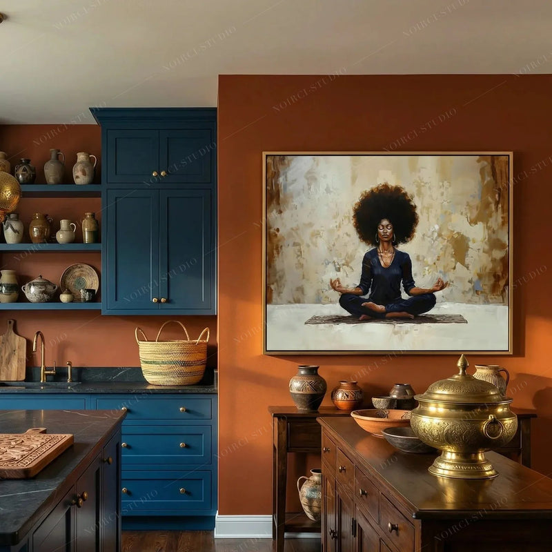 Black kitchen wall art, meditation painting in a gold frame on a burnt orange wall beside teal cabinets