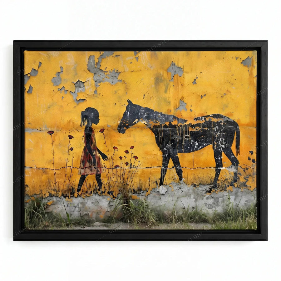 Black girl and horse canvas in a black floating frame, girl holding a rose to the horse's nose on weathered yellow