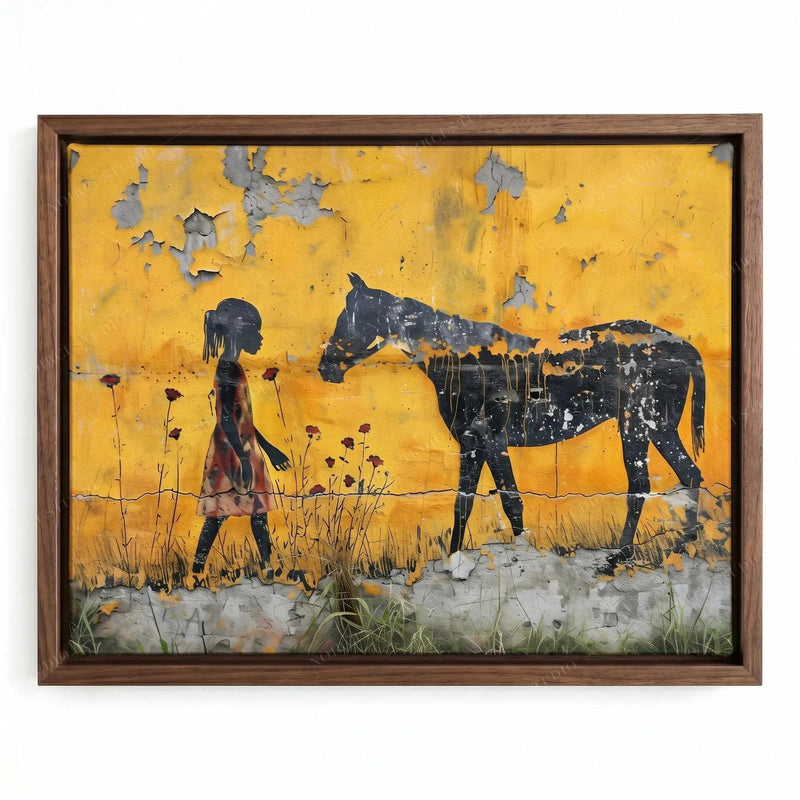Black girl with horse wall art in a walnut floating frame, stencil style figures on cracked mustard paint