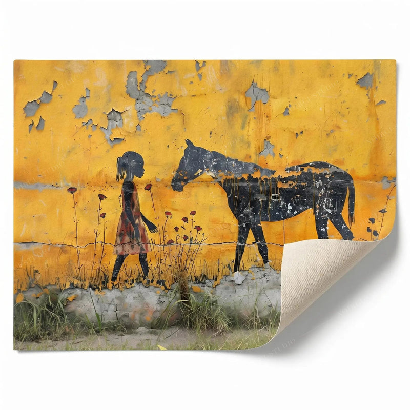 Rolled canvas print of the Black girl and horse on yellow, ready for custom framing, corner curled