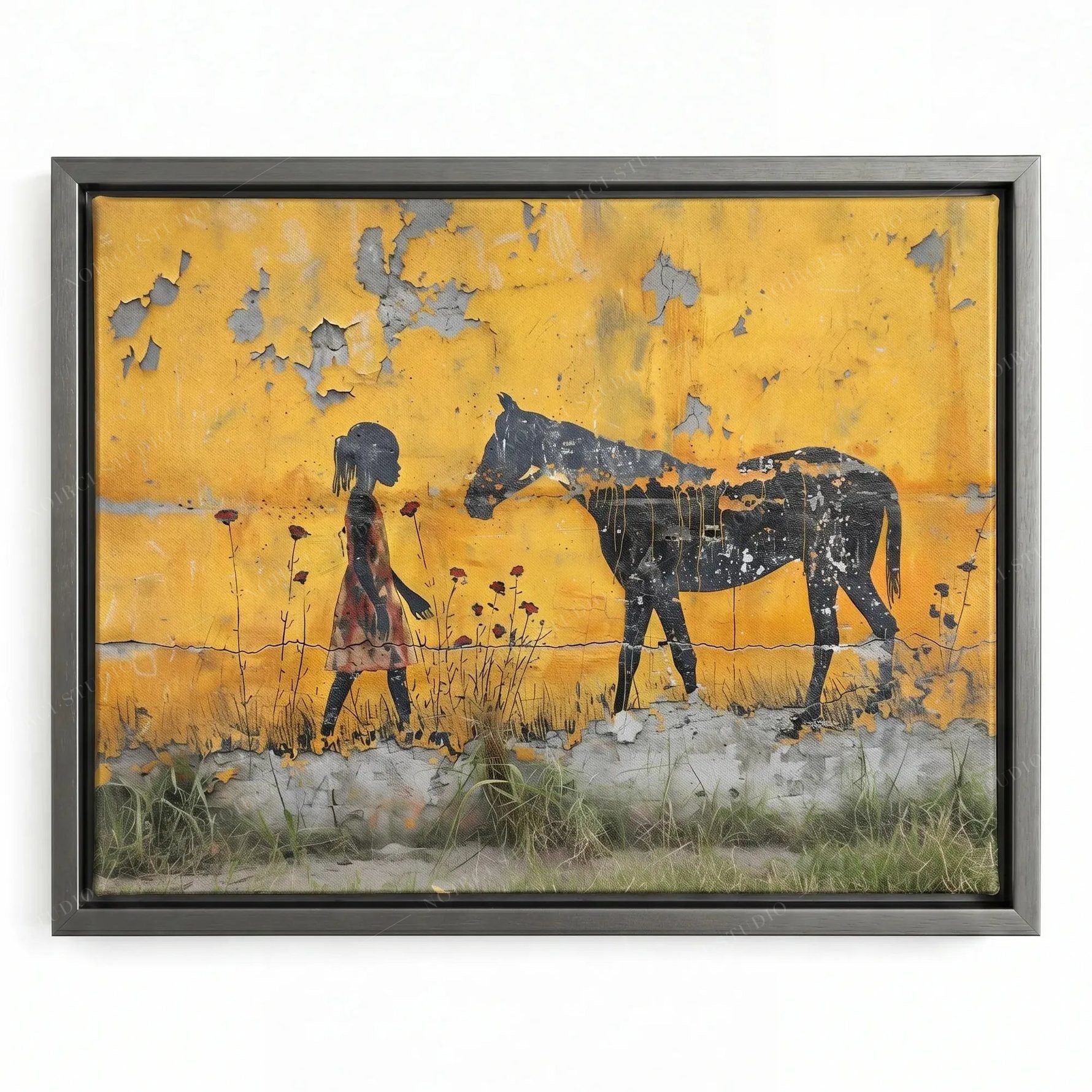 Girl feeding a rose to a horse, canvas in a silver floating frame, distressed yellow mural with grasses below