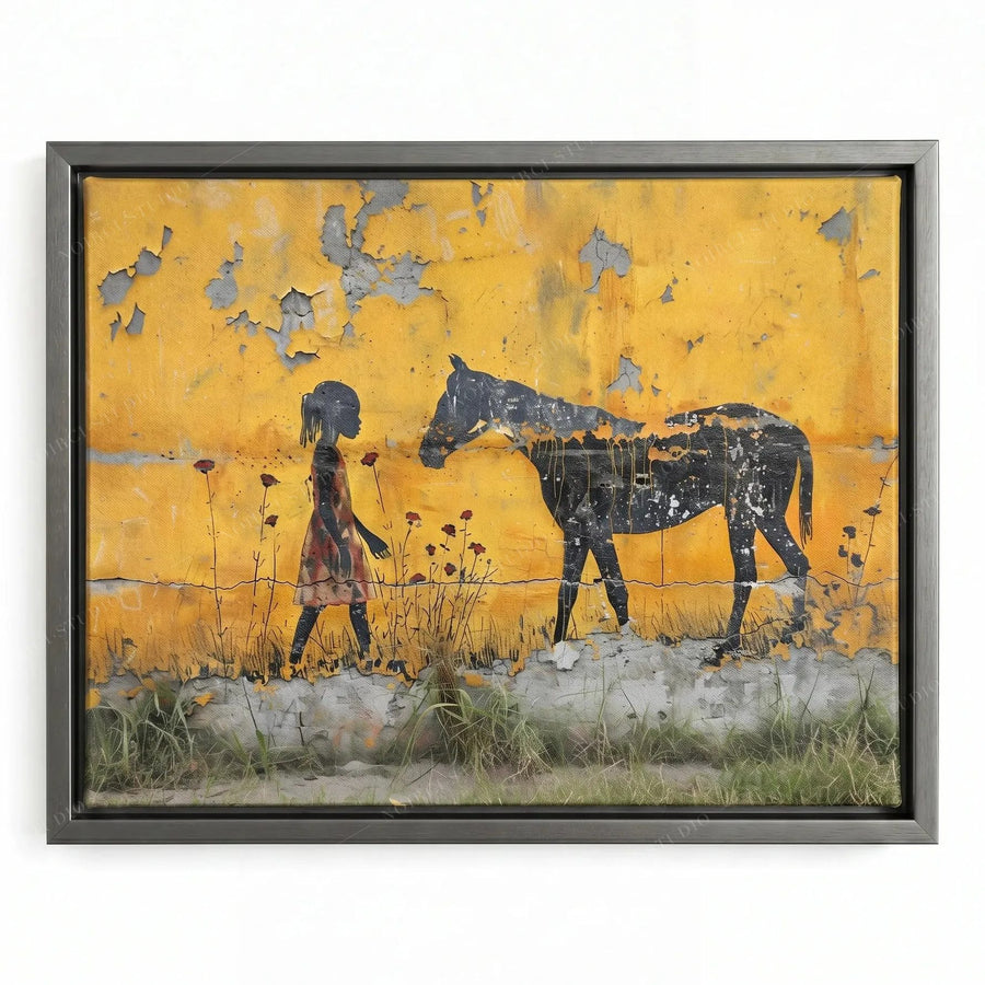 Girl feeding a rose to a horse, canvas in a silver floating frame, distressed yellow mural with grasses below