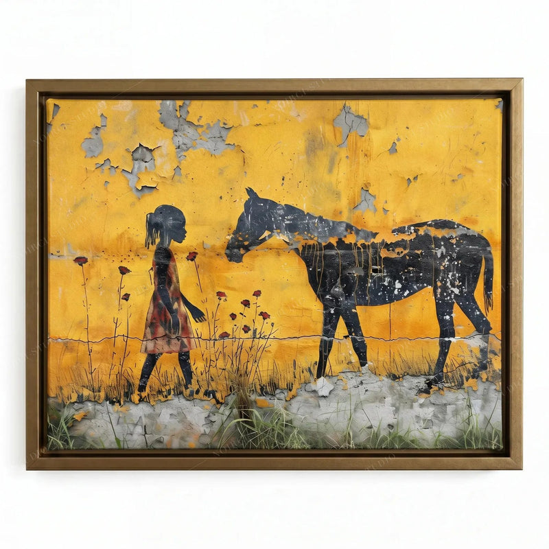 Girl and horse street-art canvas in a gold floating frame, chipped yellow wall with wildflowers along a stone ledge