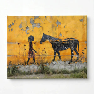 Stretched canvas of the girl and horse mural scene, ready to hang, peeling yellow wall and wild grass