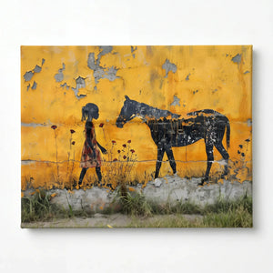 Stretched canvas of the girl and horse mural scene, ready to hang, peeling yellow wall and wild grass