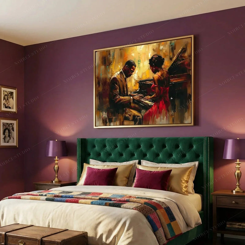 African American art for bedroom decor, piano duet in a gold frame above an emerald velvet bed and purple walls