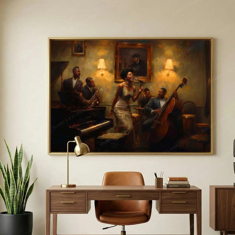 African American art for a home office, jazz band oil painting above a walnut desk with a brass lamp and snake plant