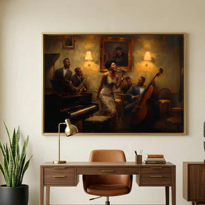 African American art for a home office, jazz band oil painting above a walnut desk with a brass lamp and snake plant