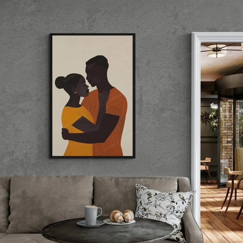 Soulmate black love art in a black frame on a gray concrete loft wall above a taupe sofa