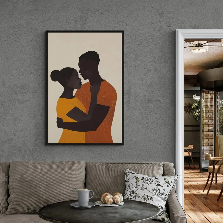 Soulmate black love art in a black frame on a gray concrete loft wall above a taupe sofa