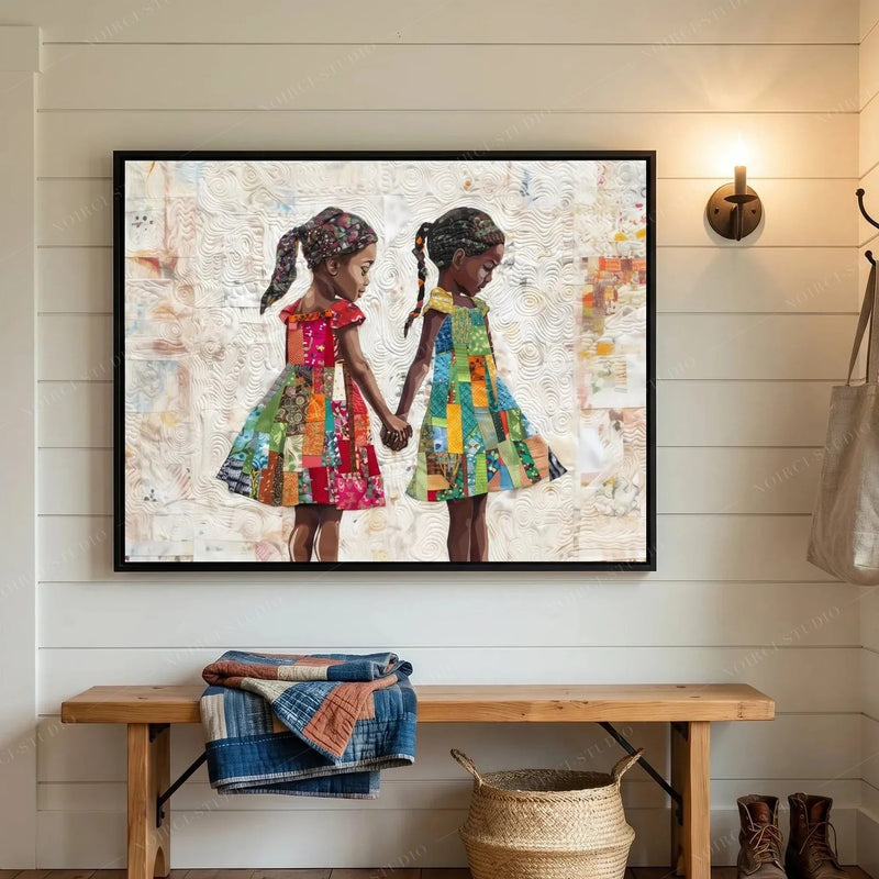 Black girls holding hands canvas in a shiplap mudroom above a bench with folded quilts and a woven basket