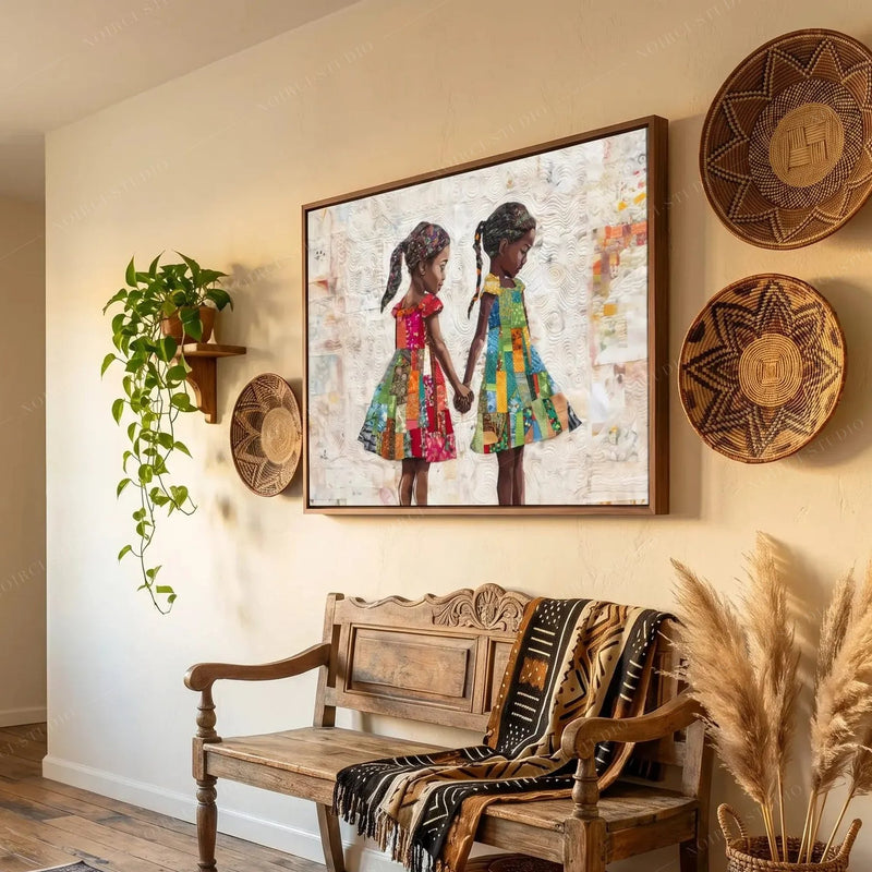 Afrocentric wall decor in an entryway with a carved wood bench, woven basket plates, and trailing pothos