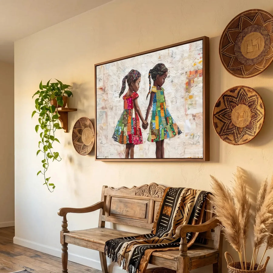 Afrocentric wall decor in an entryway with a carved wood bench, woven basket plates, and trailing pothos