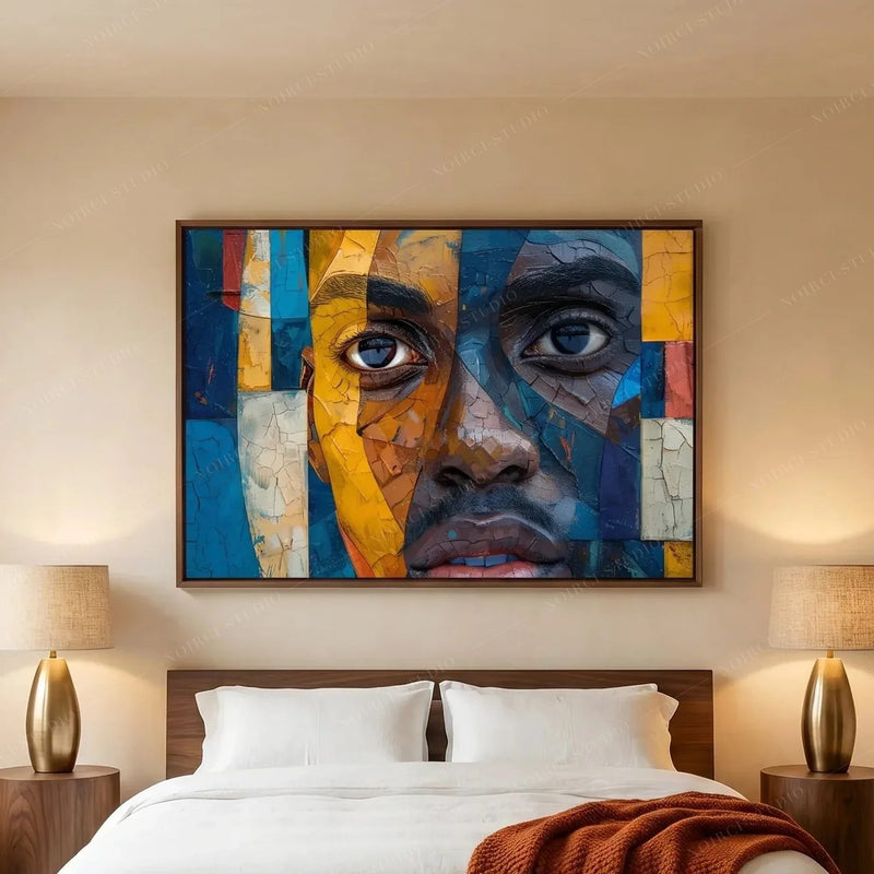 African American art for bedroom, mosaic face canvas above a bed with white linens and brass lamps
