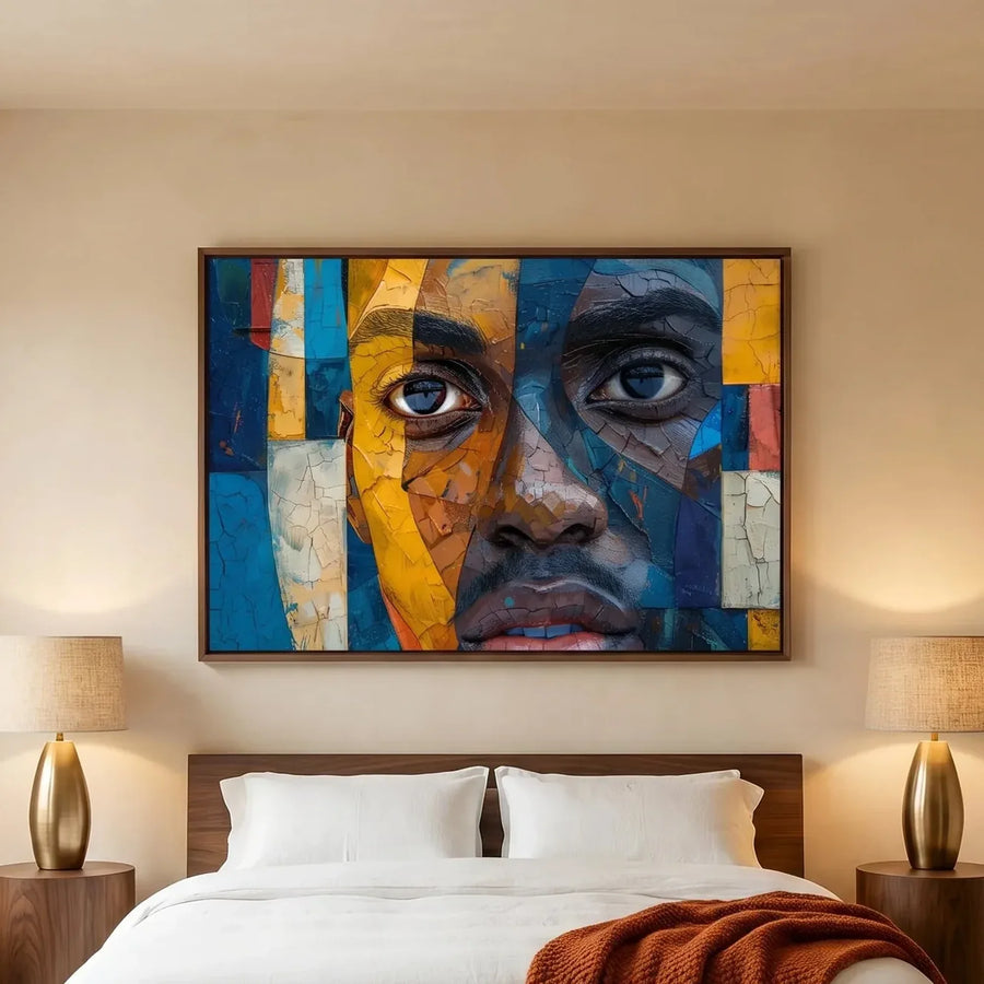 African American art for bedroom, mosaic face canvas above a bed with white linens and brass lamps