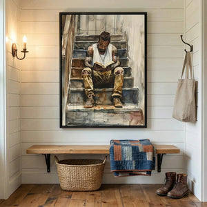 Black art for entryway, shiplap mudroom with wood bench, quilt and boots, watercolor of a Black man reading