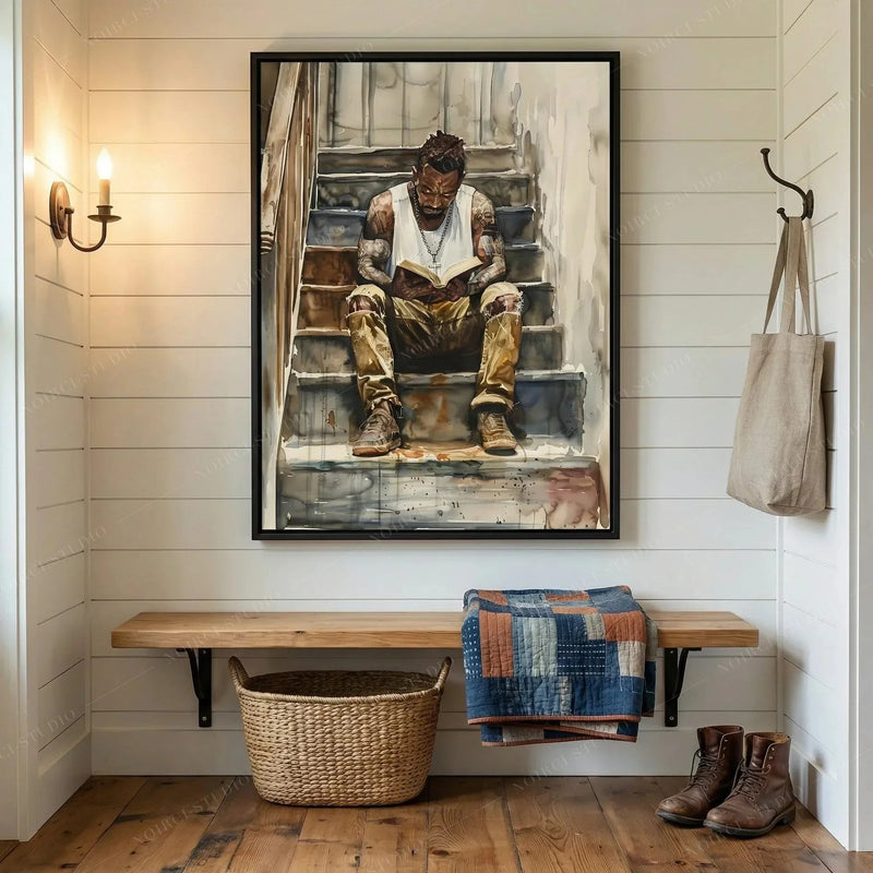 Black art for entryway, shiplap mudroom with wood bench, quilt and boots, watercolor of a Black man reading